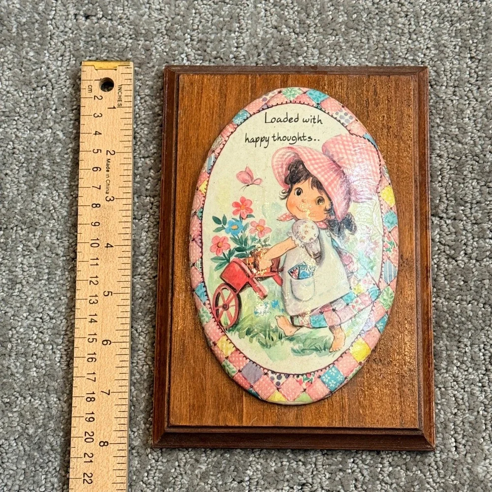 Vintage Holly Hobbie Style Wood Wall Plaque Girl Flowers Pink 8x5.5 Wood 1970s